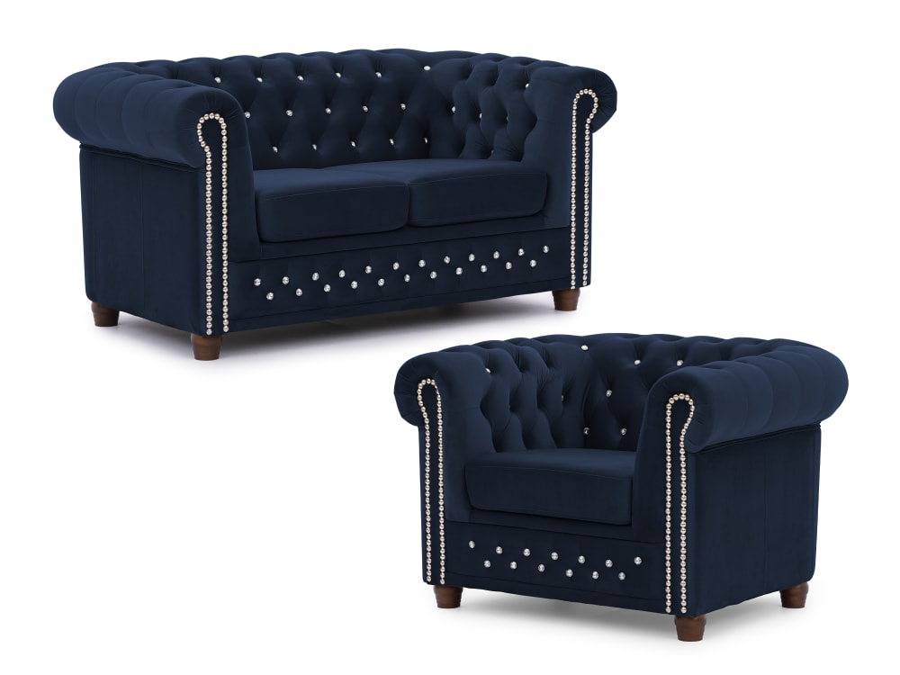 Ensemble de canapé Chesterfield 2+1 en velours bleu marine