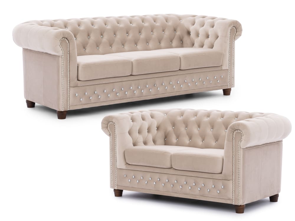 Ensemble de canapé Chesterfield 3+2 en velours beige