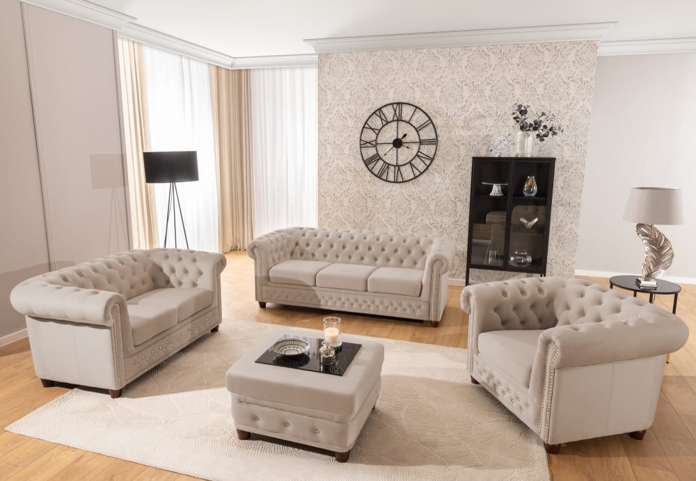 Ensemble de canapé Chesterfield 3+2 en velours beige