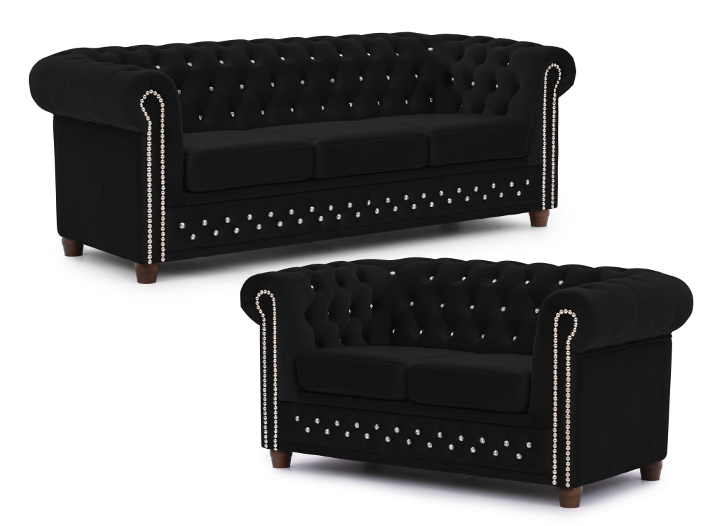 Ensemble de canapé Chesterfield 3+2 en velours noir