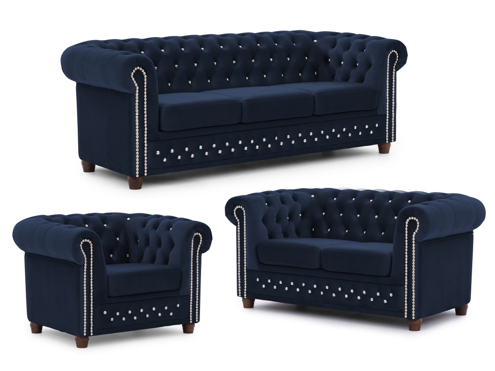 Ensemble de canapé Chesterfield 3+2+1 en velours bleu marine