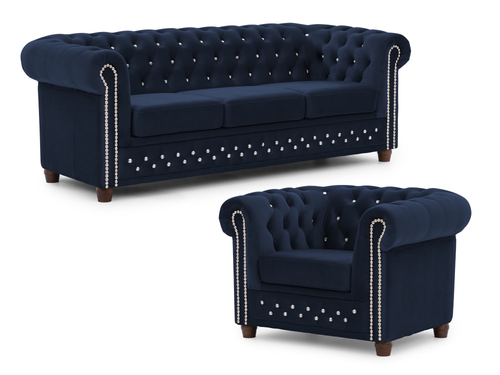 Ensemble de canapé Chesterfield 3+1 en velours bleu marine