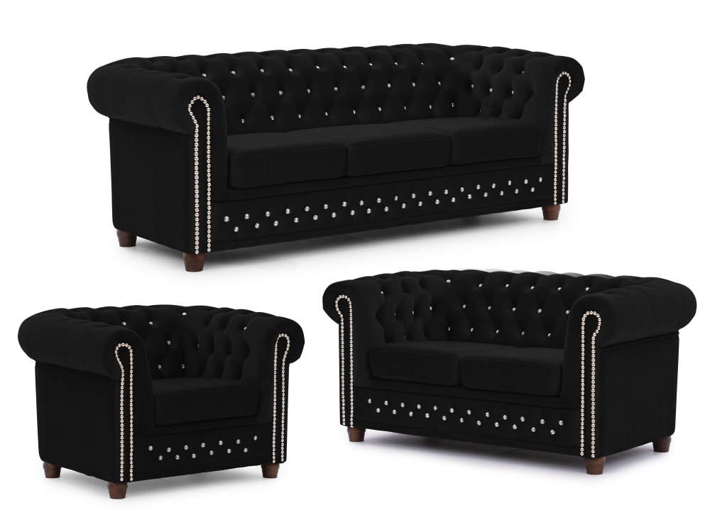 Ensemble de canapé Chesterfield 3+2+1 en velours noir
