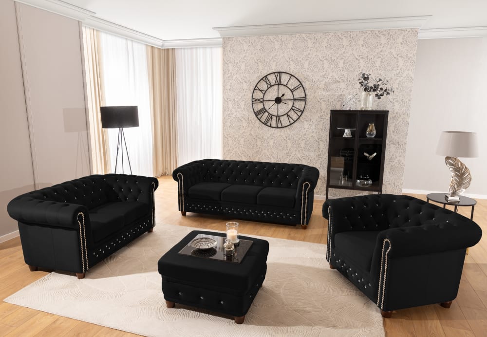 Ensemble de canapé Chesterfield 3+2+1 en velours noir