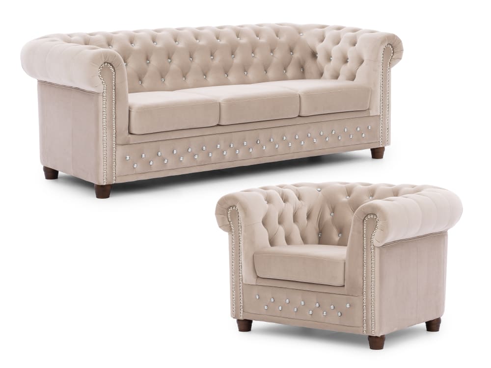 Ensemble de canapé Chesterfield 3+1 en velours beige
