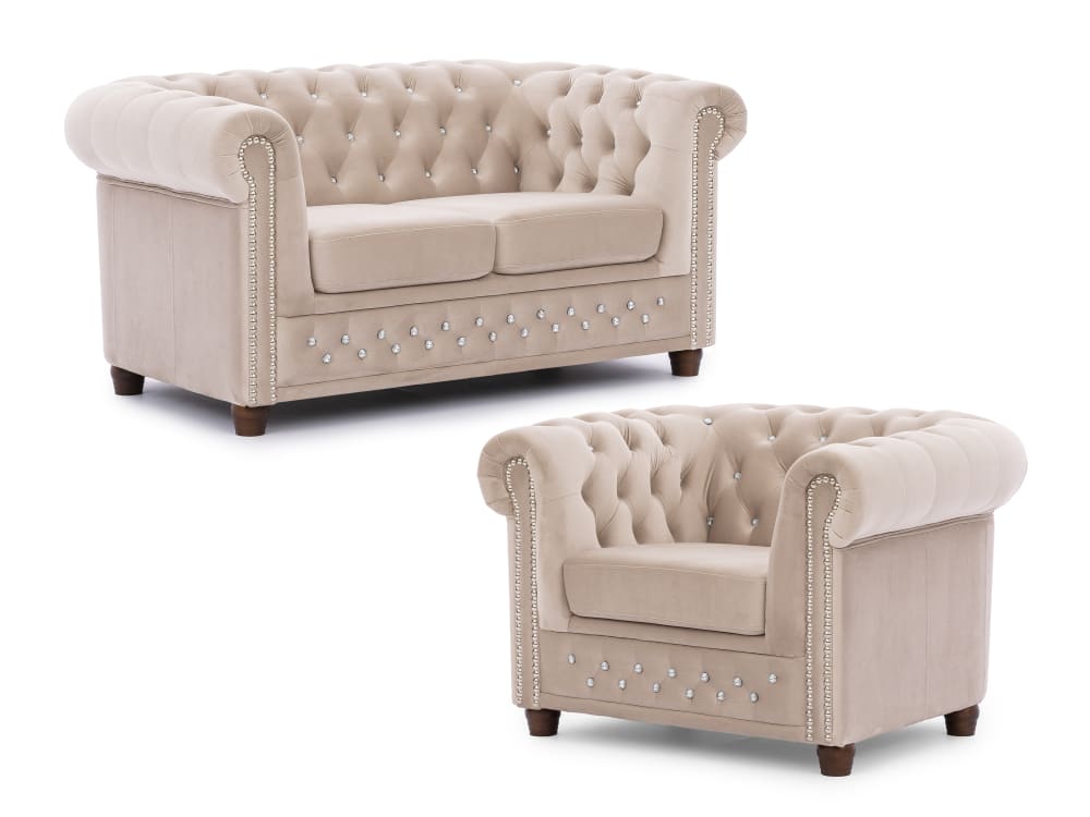 Ensemble de canapé Chesterfield 2+1 en velours beige