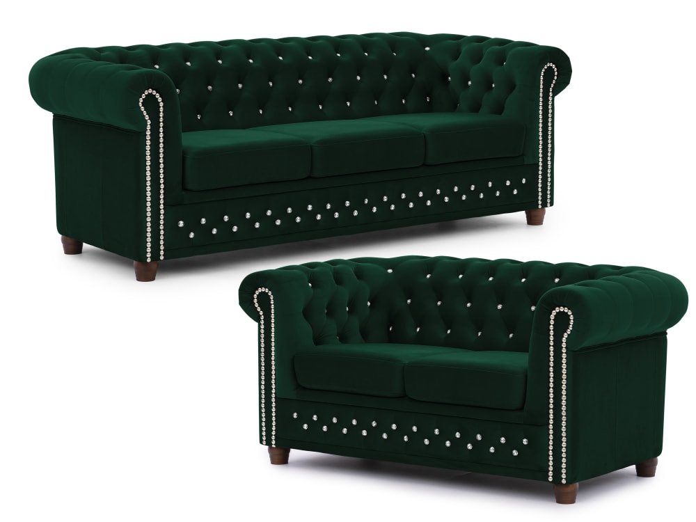 Ensemble de canapé Chesterfield 3+2 en velours bouteille verte