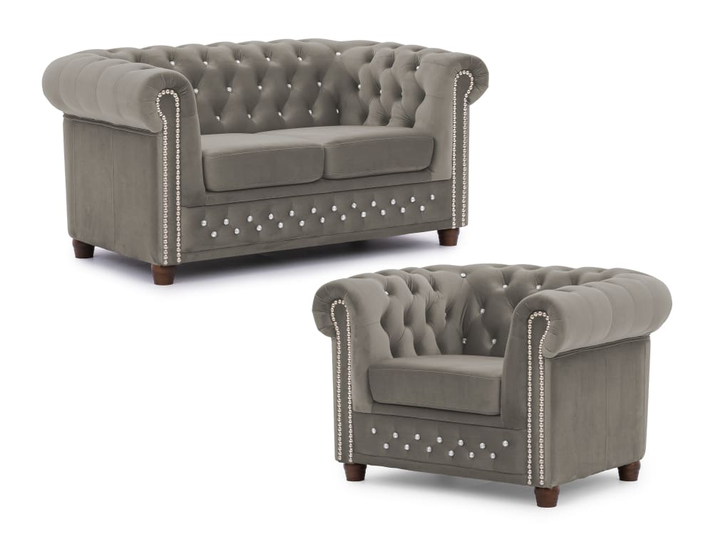 Ensemble de canapé Chesterfield 2+1 en velours gris