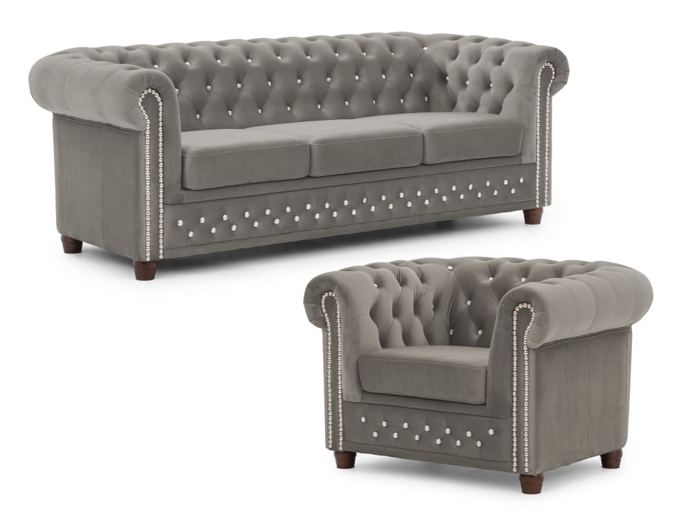Ensemble de canapé Chesterfield 3+1 en velours gris