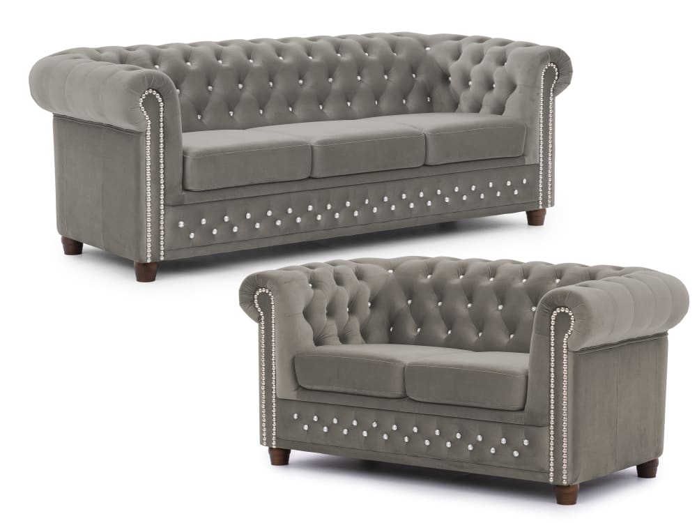 Ensemble de canapé Chesterfield 3+2 en velours gris