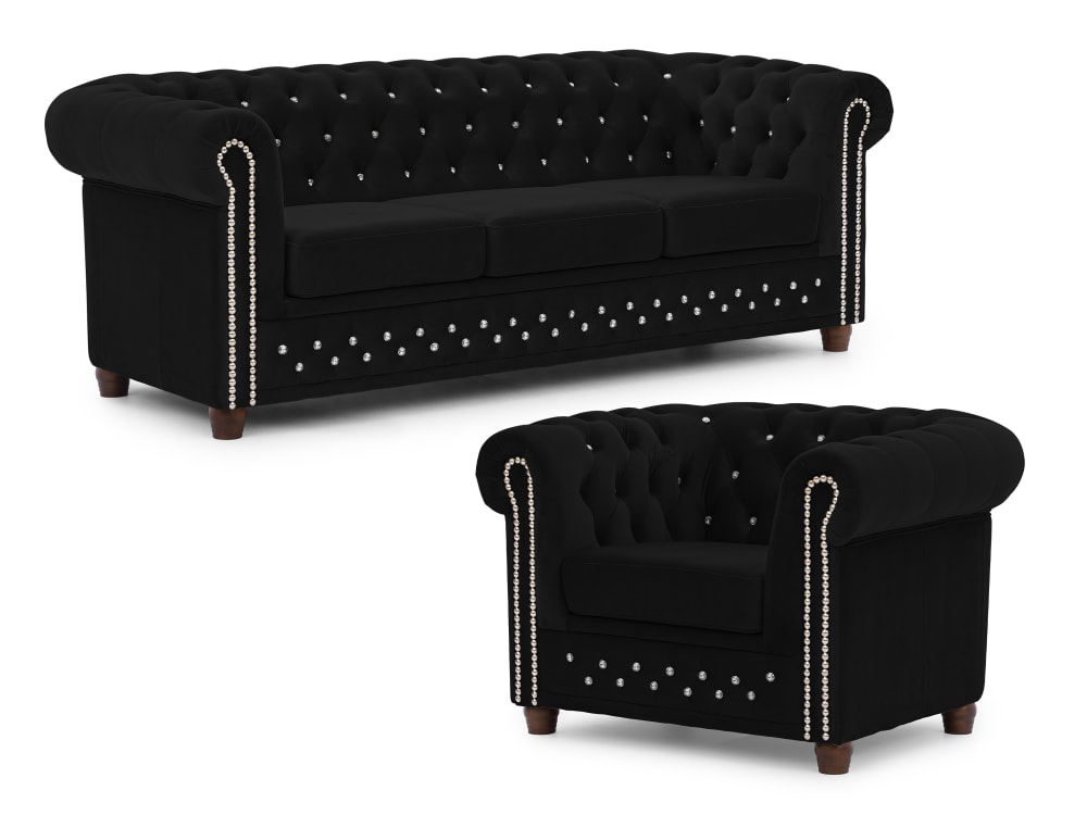 Ensemble de canapé Chesterfield 3+1 en velours noir