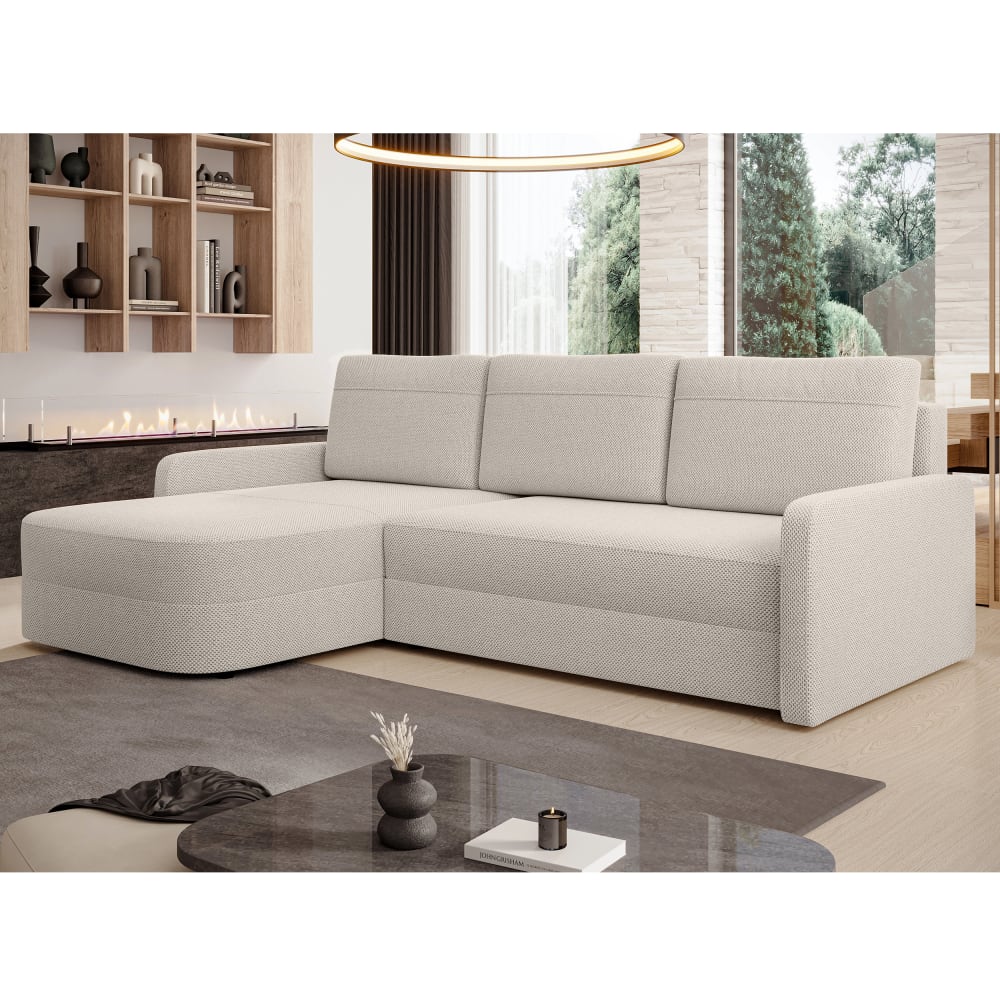 Ecksofa mit Schlaffunktion und Bettkasten aus Stoff in Beige 250
