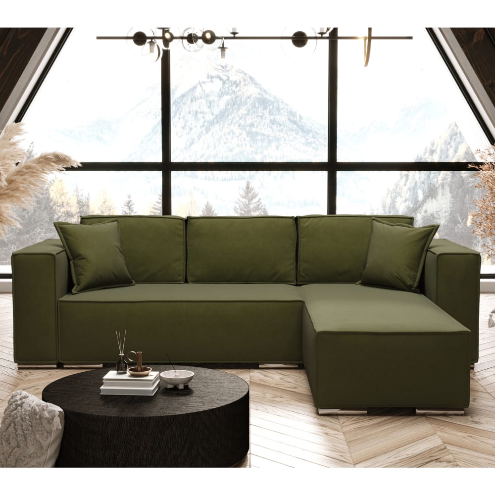 Ecksofa Rechts mit Schlaffunktion 255 cm aus Velours-Stoff,