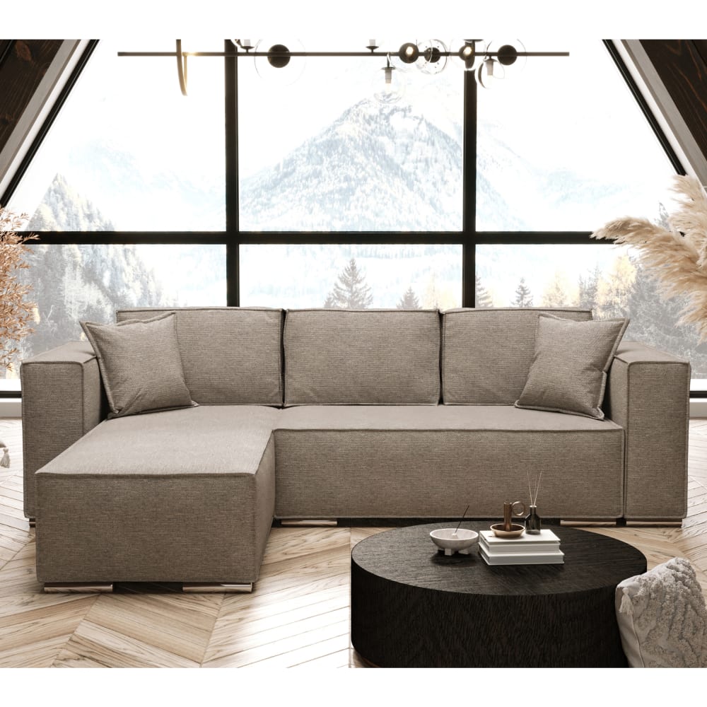 Ecksofa Links mit Schlaffunktion 255 cm aus Velours-Stoff, Beige