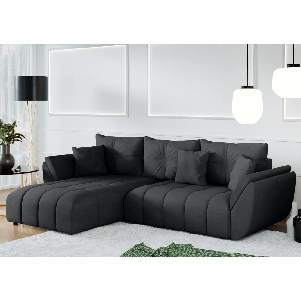 Ecksofa mit Schlaffunktion und Bettkasten aus Stoff in Dunkelgrau
