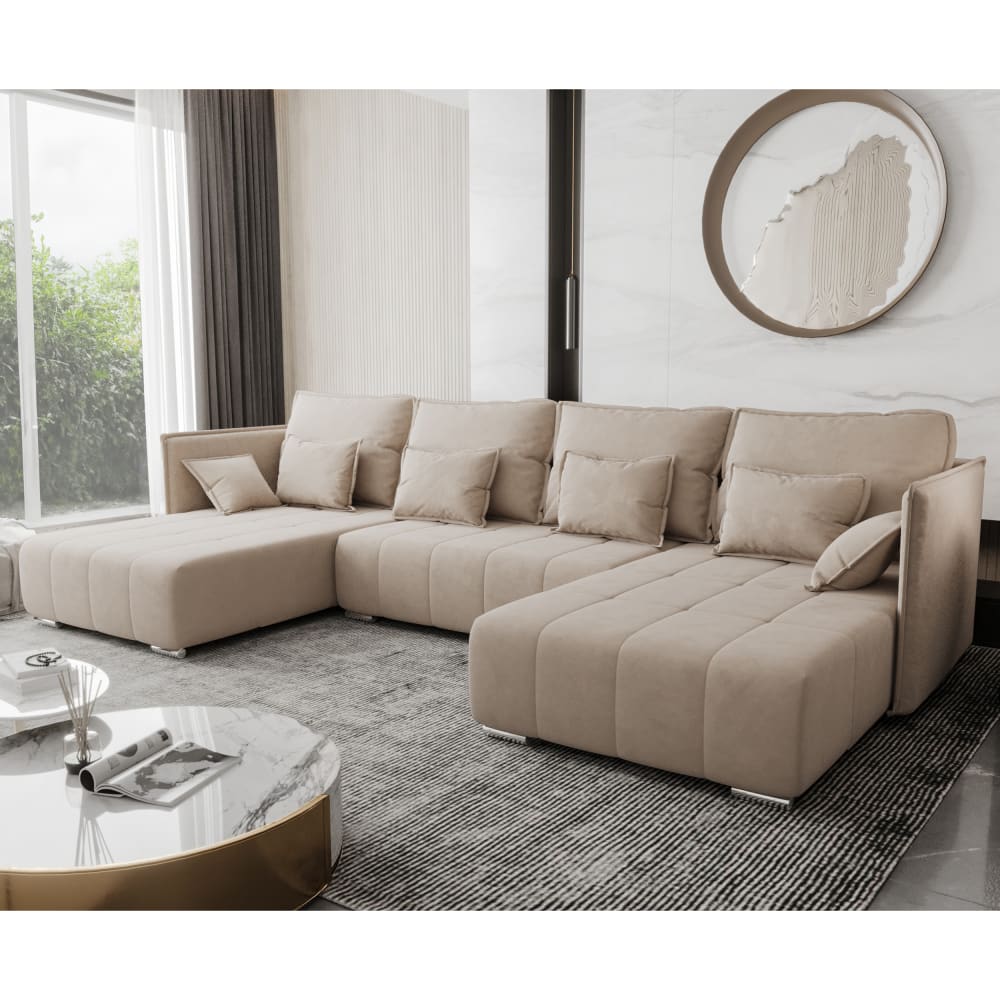 Wohnlandschaft aus Stoff mit Schlaffunktion – 345 cm, Beige -