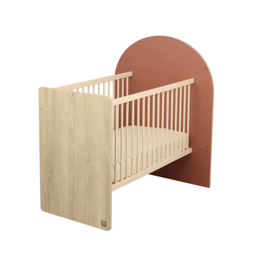 Sauthon Babybett 120x60 in 90x190 - Holzdekor Eiche Sepia Bogenform ROT SPANPLATTE Baby