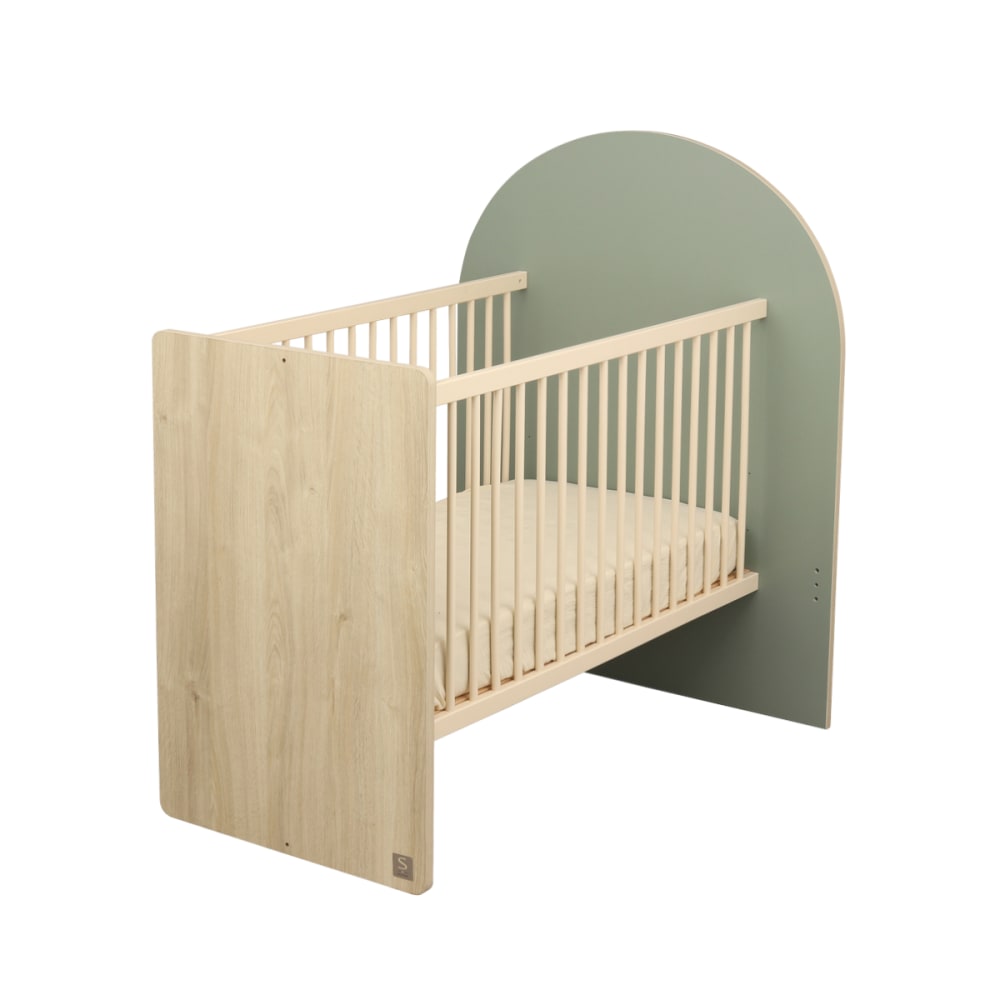 Sauthon Babybett 120x60 in 90x190 - Holzdekor Eiche Sepia Bogenform GRÜN SPANPLATTE Baby