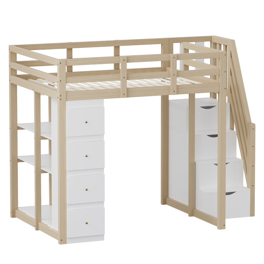 Lit mezzanine en bois massif blanc avec rangement 140 x 200 cm