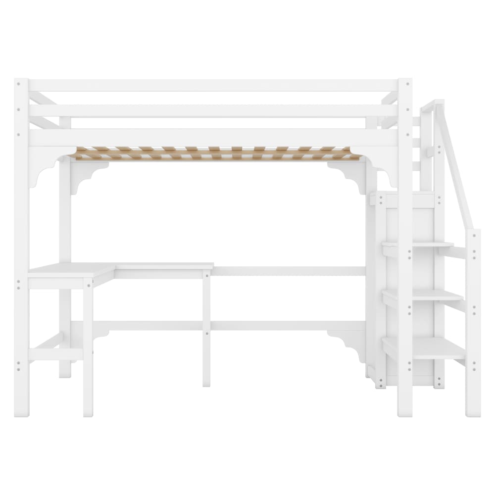 OKWISH Hochbett aus Kiefer mit L-förmigem Schreibtisch 140x200 cm,weiß Holz Baby