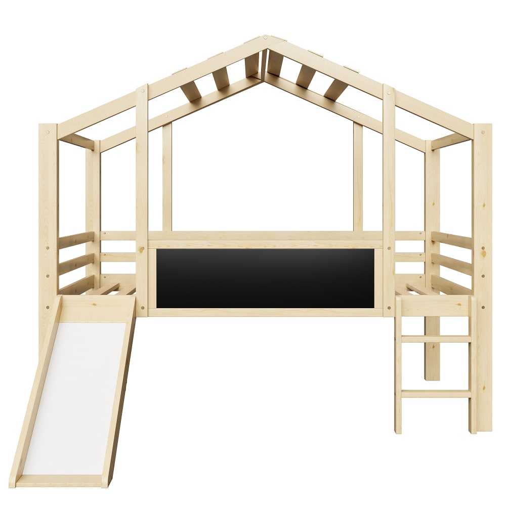 Lit mezzanine en bois noir avec toit et toboggan 90 x 200 cm