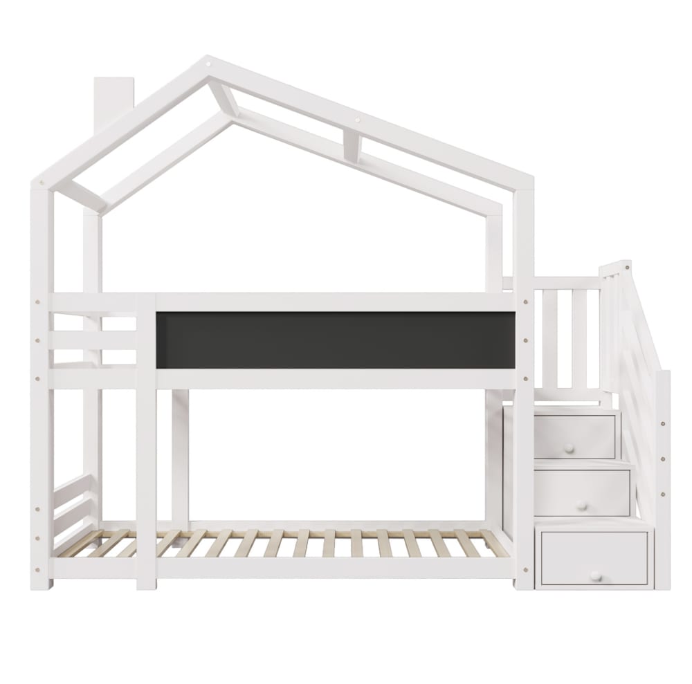 Lit superposé 90x200 cm en bois blanc style cabane avec rangement