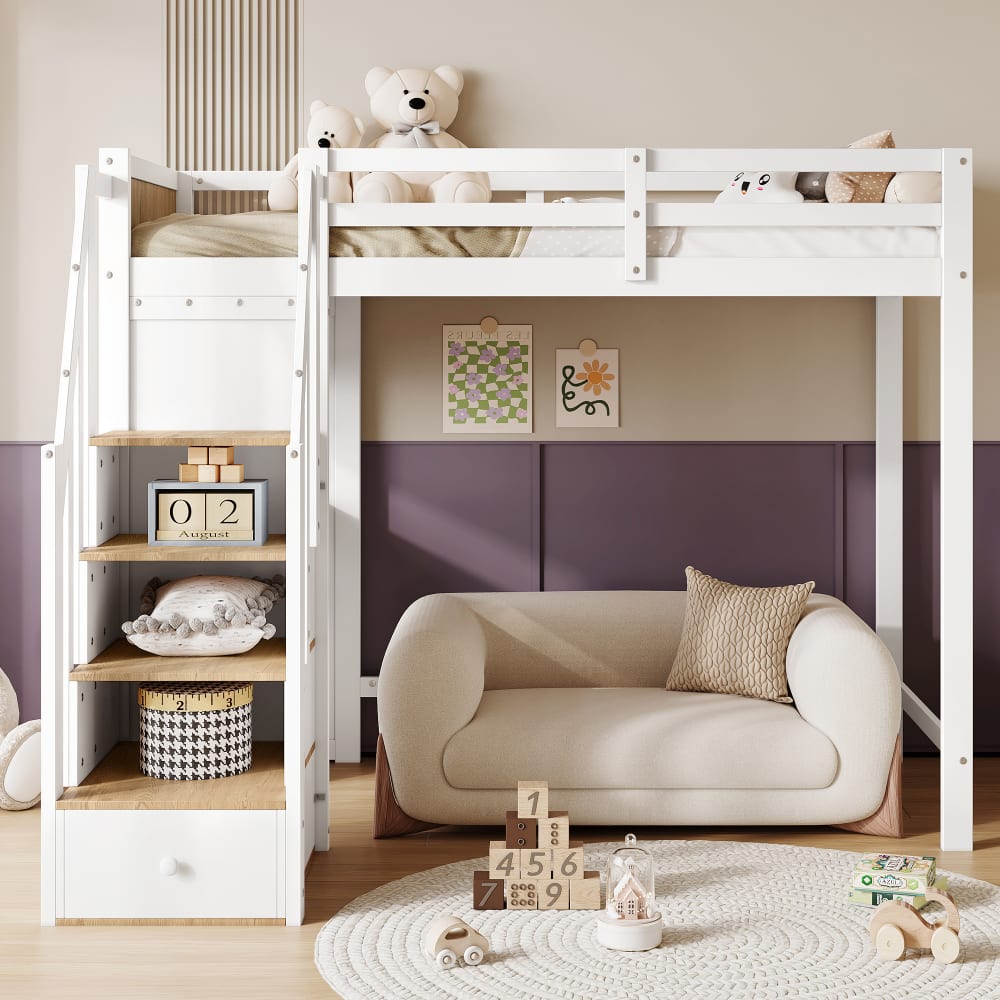 Etagenbett aus Kiefer mit Schreibtisch 90x200 cm，weiß+natur -