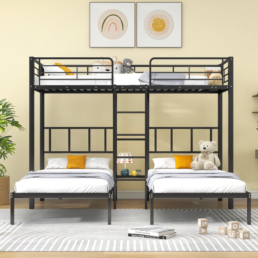 Etagenbett aus Metall mit Leiter für 3 Personen 90x200 cm，schwarz