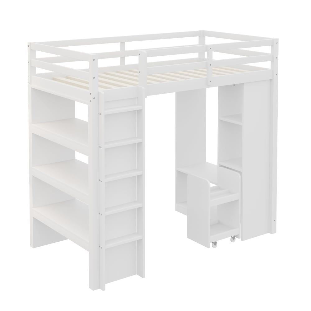 Lit mezzanine en bois blanc avec rangement et trolley 90 x 200 cm
