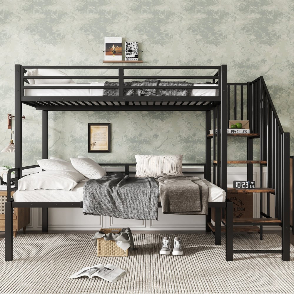 Etagenbett aus Eisen mit Stauraum 90x200 und 120x200 cm，schwarz -