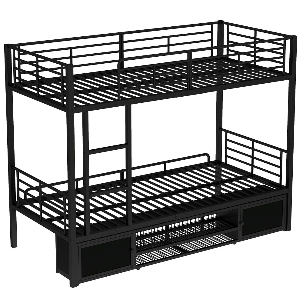 Lit superposé 90 x 200 cm en métal noir avec rangement et échelle Lit superposé 90 x 200 cm en métal noir avec rangement et échelle