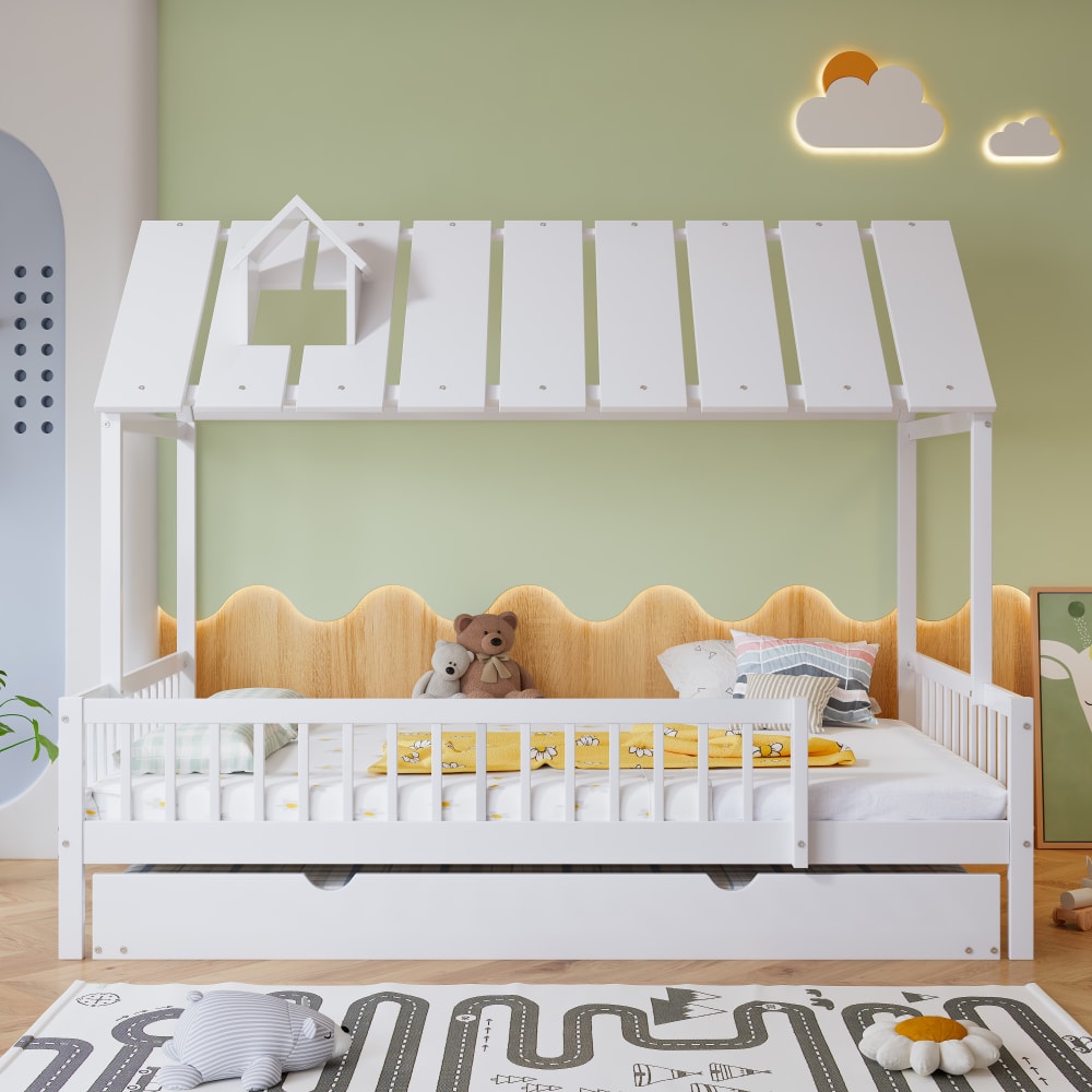 OKWISH Hausbett aus Kiefer und MDF mit Rollbett und Dach 120x200 cm,weiß Holz Baby
