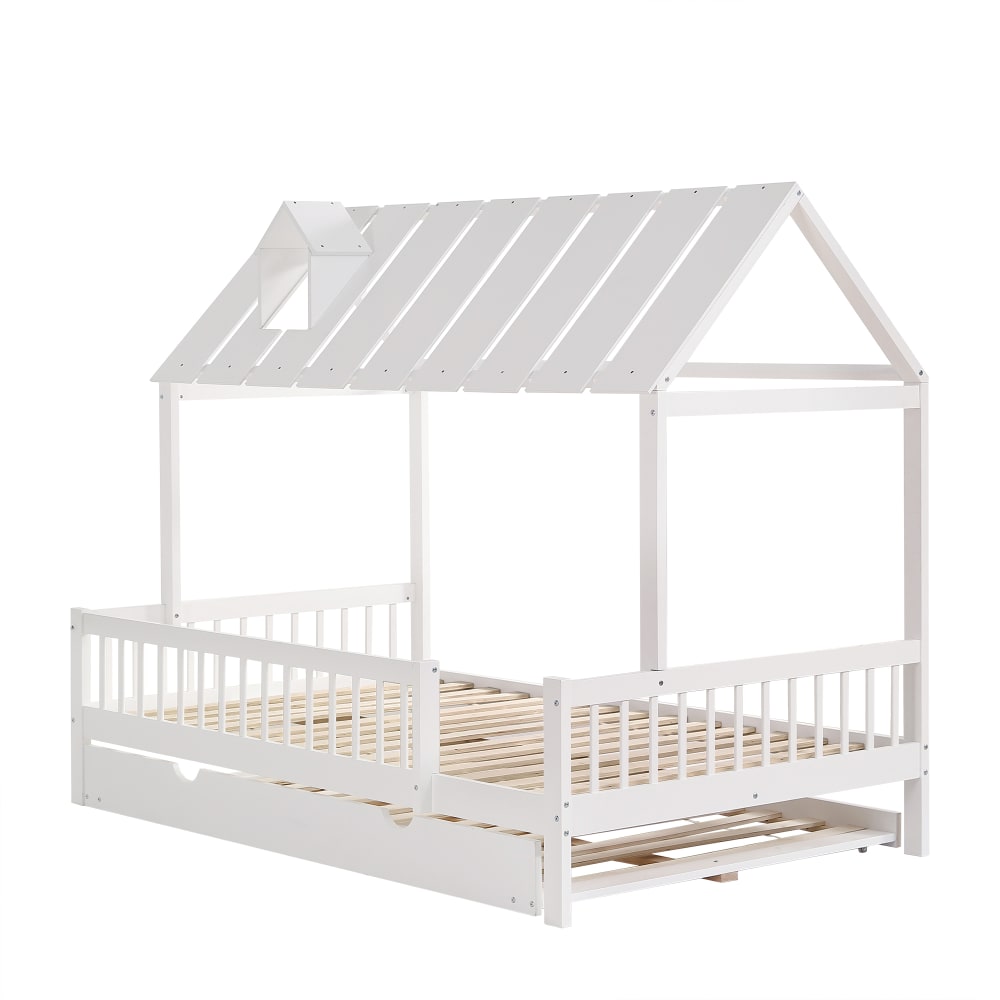 Hausbett aus Kiefer und MDF mit Rollbett und Dach 120x200 cm,weiß
