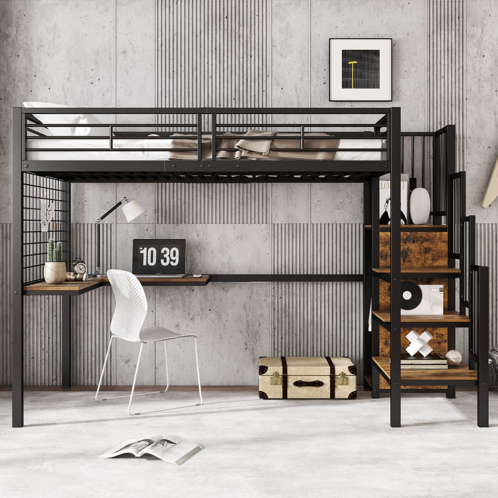 Hochbett aus Eisen mit Kleiderschrank und Tisch 90x200 cm,