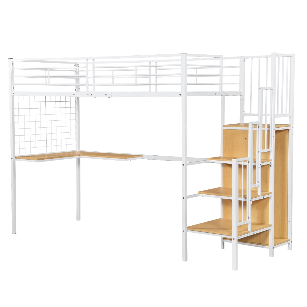 OKWISH Hochbett 90x200 cm aus Metall in weiß und Holzfarbe mit Schreibtisch style modern Metall Baby