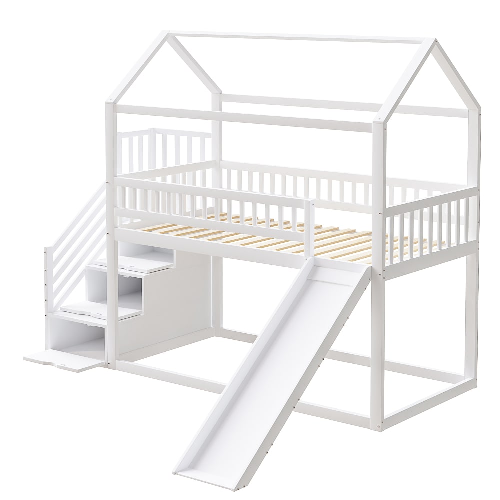 Lit mezzanine en bois blanc avec toboggan et rangement 90 x 200 cm