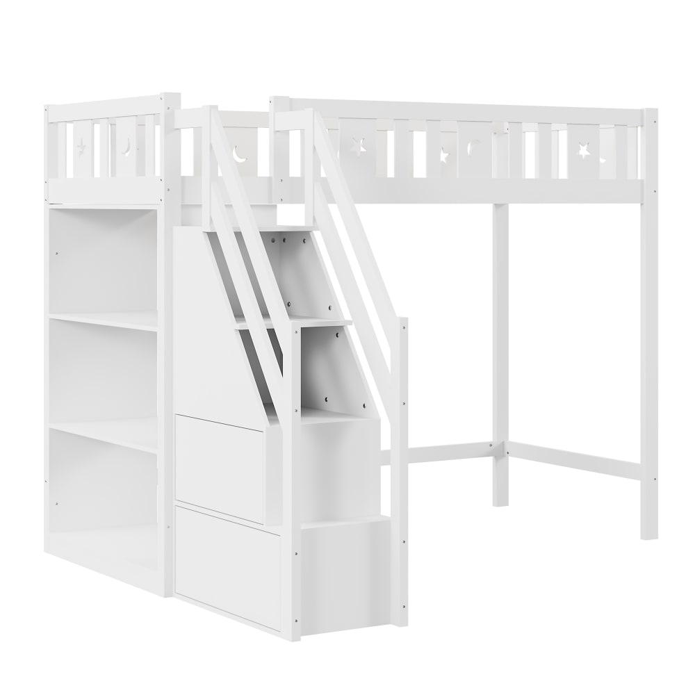Lit mezzanine en bois blanc avec échelle de rangement 90 x 200 cm