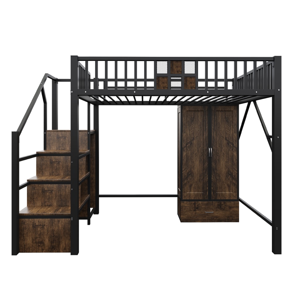 Hochbett aus Metall mit Kleiderschrank und Stauraum 140x200