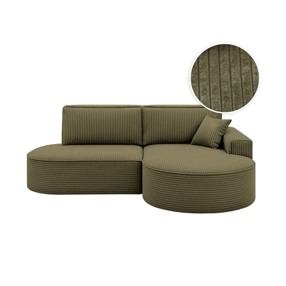 Canapé d'angle droit convertible 4pl MARLO en velours côtelé vert kaki
