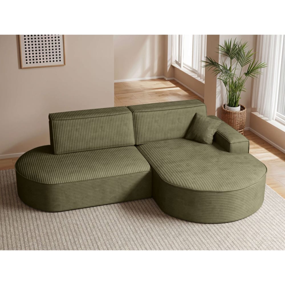 Canapé d'angle droit convertible 4pl MARLO en velours côtelé vert kaki