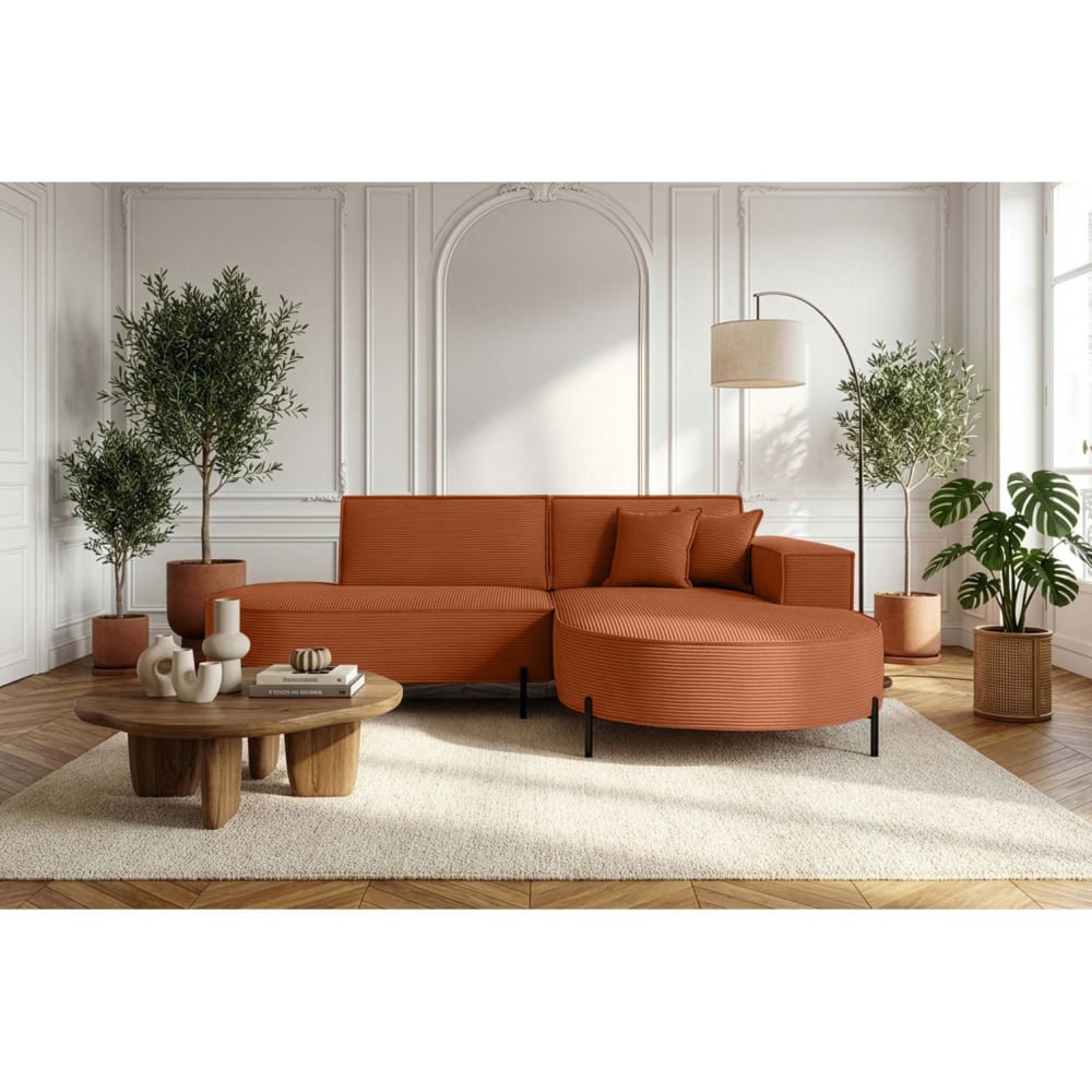 Canapé d'angle droit 4 places MARLON en velours côtelé terracotta