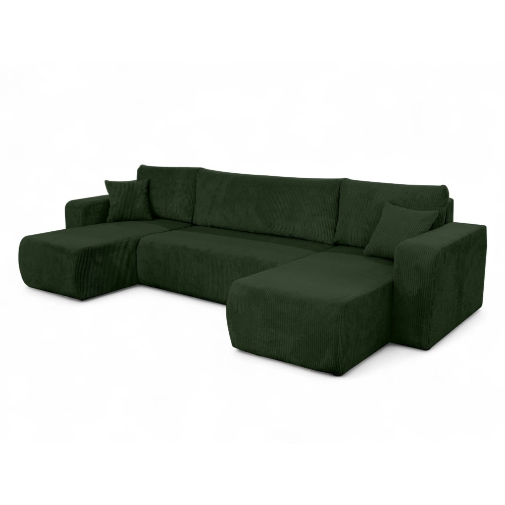 Canapé d'angle panoramique convertible 6pl velours côtelé vert foncé
