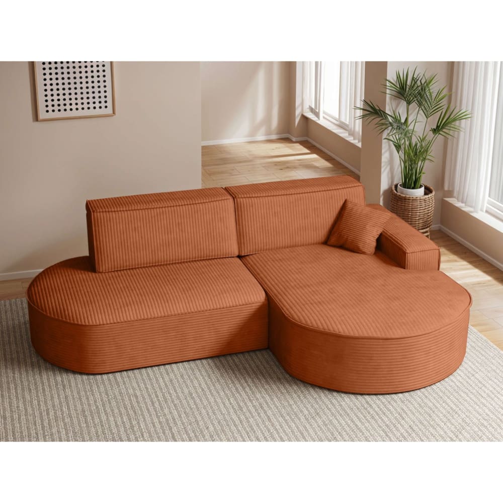 Canapé d'angle droit convertible 4pl MARLO velours côtelé terracotta