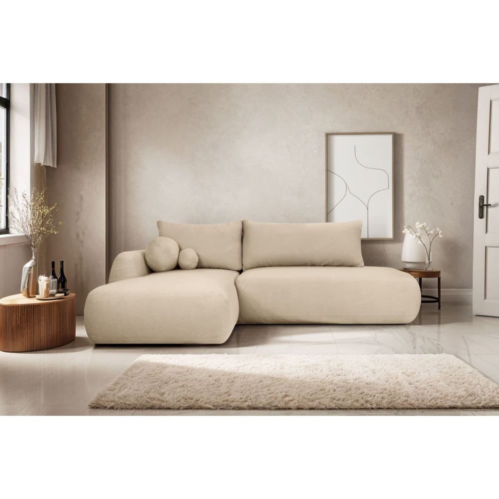 Canapé d'angle gauche convertible 5p fabio en tissu bouclette - beige