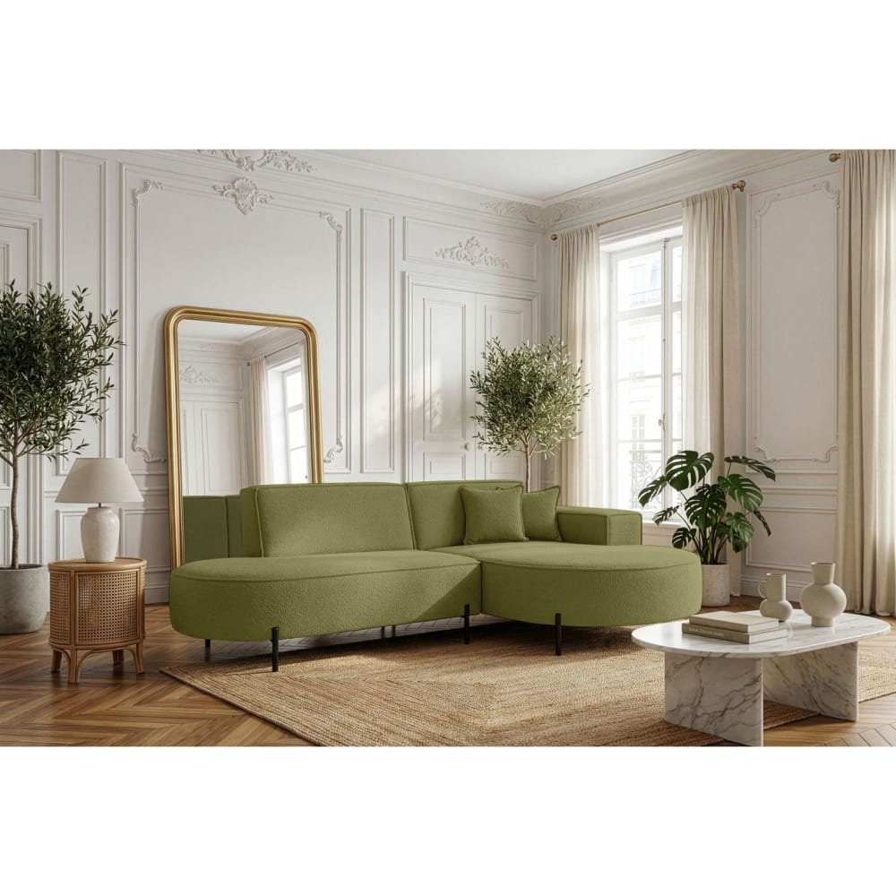 Canapé d'angle droit 4 places MARLON en tissu bouclette vert kaki