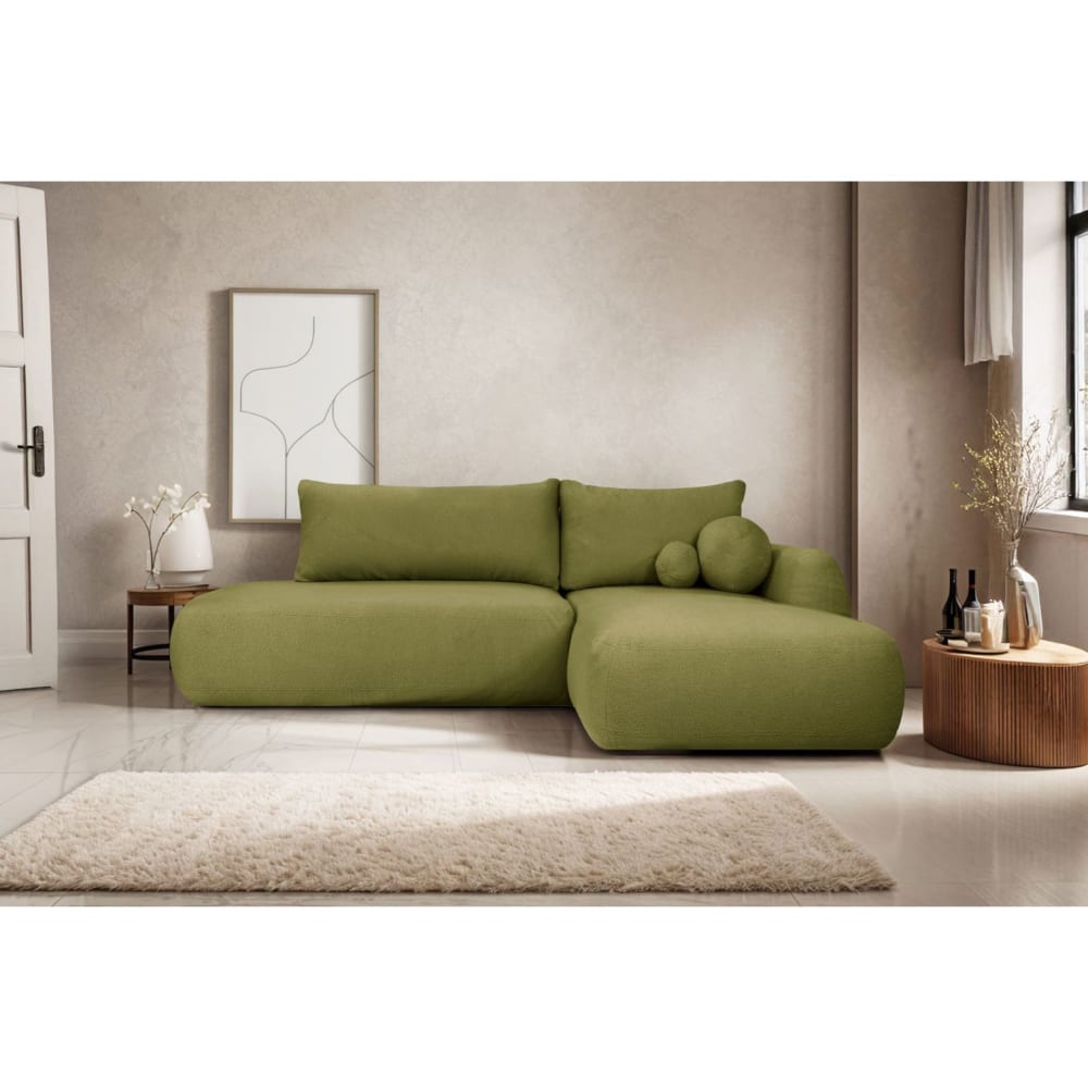 Canapé d'angle droit convertible 5p FABIO en tissu bouclette vert kaki