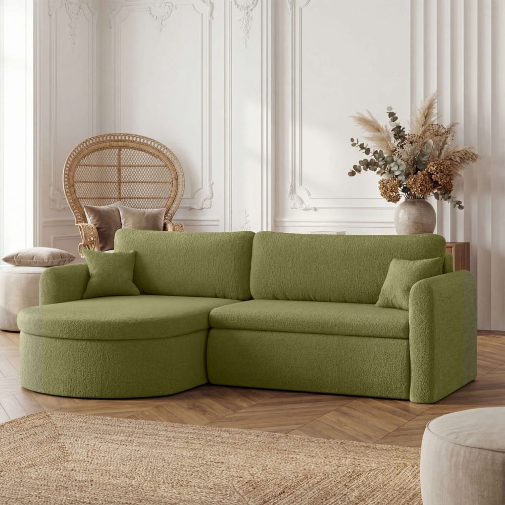 Canapé angle reversible convertible 4p VERA en tissu bouclé vert kaki