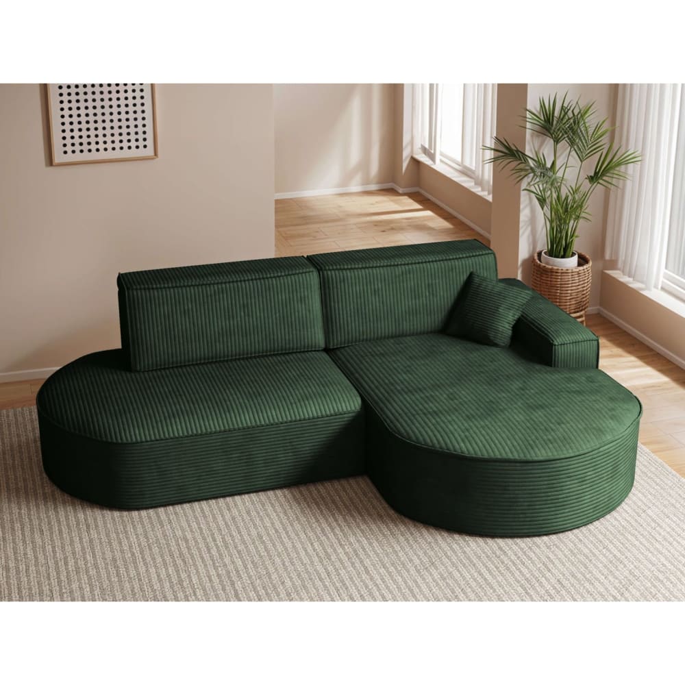 Canapé d'angle droit convertible 4pl MARLO velours côtelé vert foncé