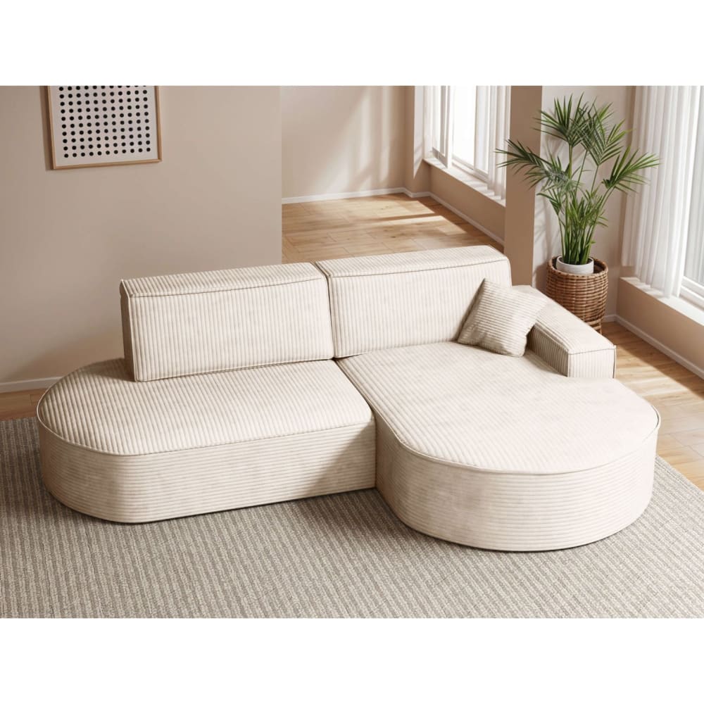 Canapé d'angle droit convertible 4places MARLO en velours cotelé beige