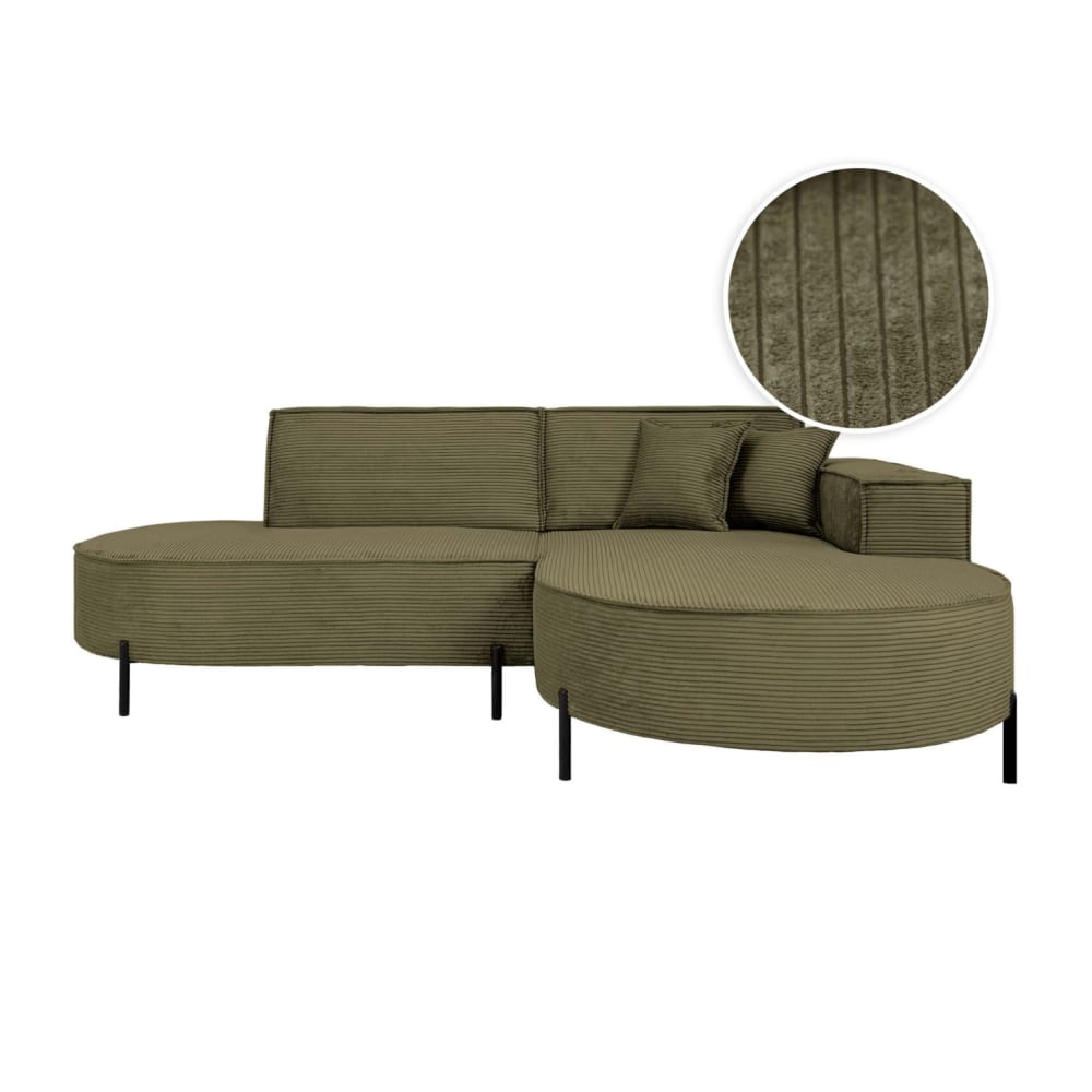 Canapé d'angle droit 4 places MARLON en velours côtelé vert kaki